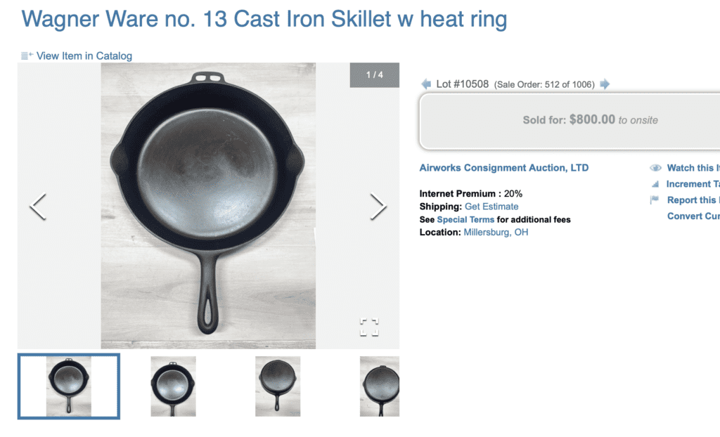 Wagner number 13 cast iron skillet with heat ring, no incised catalog number. Sold for $800.